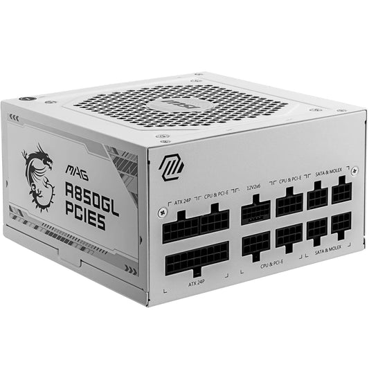 MSI MAG A850GL PCIE5 White Sursă de alimentare, 850W, 80 Plus Gold, complet modulară, ATX 3.0, suport pentru GPU PCIe 5.0, ventilator de 120mm FDB, Full-Bridge LLC, cabluri plate negre. - 306-7ZP8A24-CE0