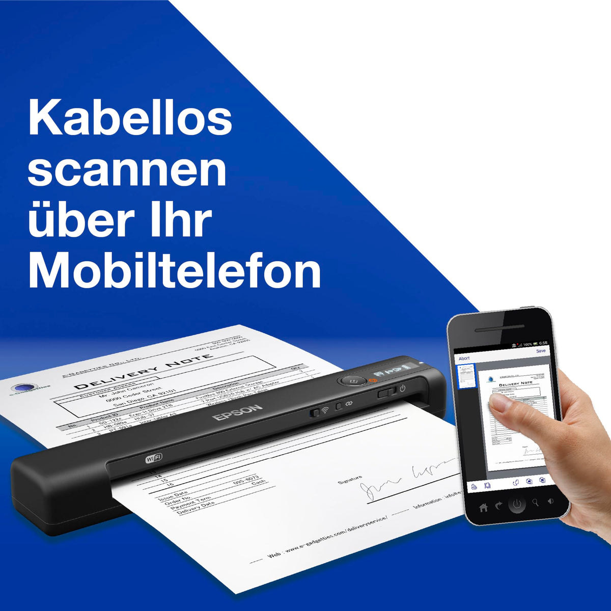 Epson Workforce ES-60W mobile document scanner (scanner, DIN A4, integrated battery, 600dpi, WiFi, USB 2.0) - B11B253401