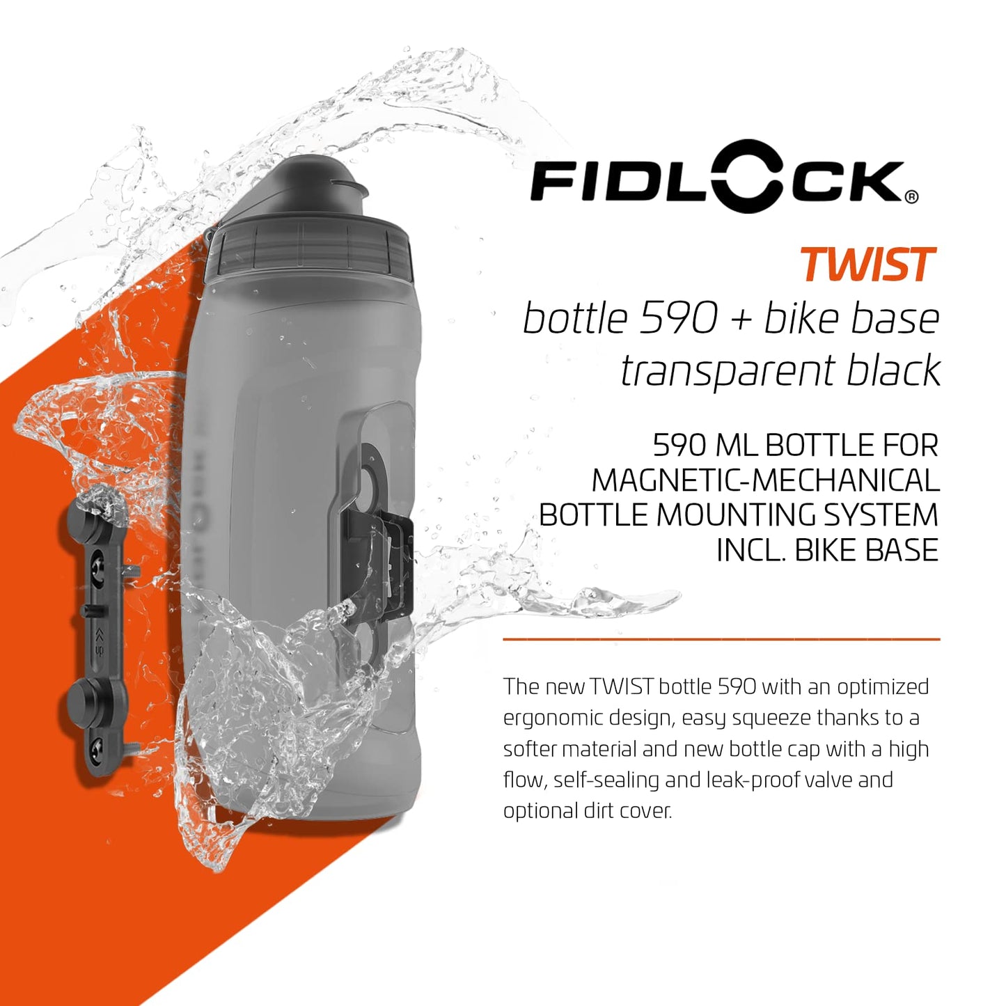 Fidlock TWIST bottle 590 + bike base – 590 ml bicycle drinking bottle with magnetic-mechanical bottle holder system, including holder, BPA-free & dishwasher safe, smoke color - 09636TBL