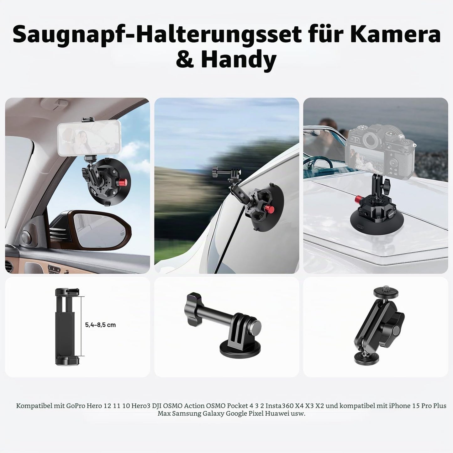 NEEWER 4.5" camera mount with suction cup and ball head magic arm, compatible with ARRI 1/4"l 3/8" holes, car mount and action cam adapter, compatible with iPhone GoPro DJI Insta360, CA105