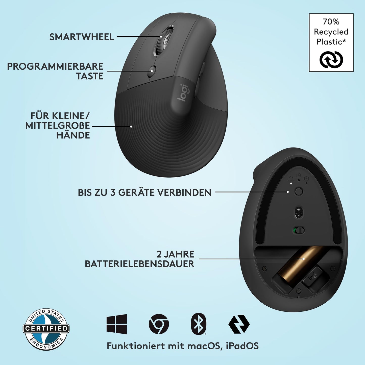 Logitech Wireless Ergonomical Mouse - Left Handed, Bluetooth, Gray, Left-handed - 910-006474