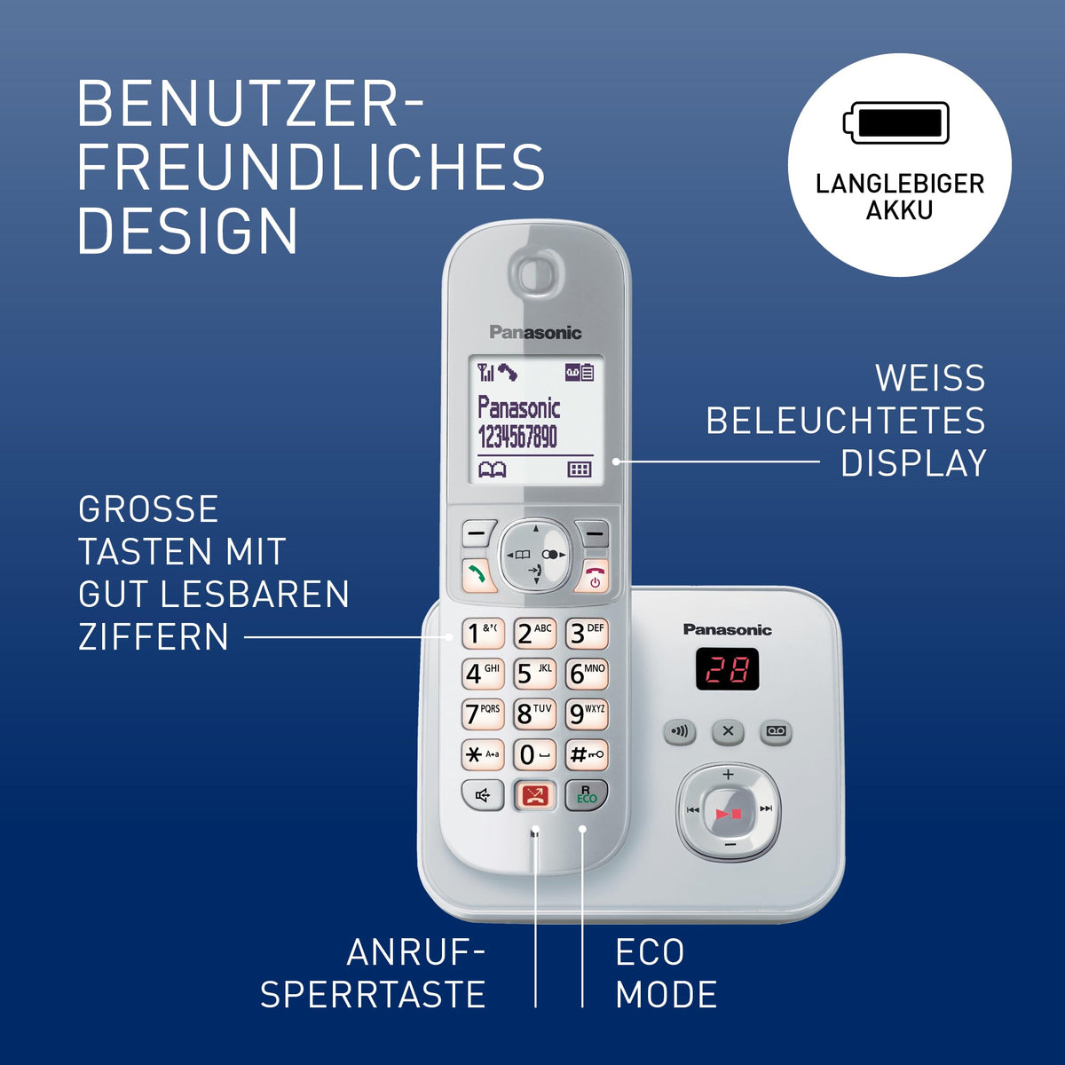 Panasonic KX-TG6861GS Cordless Phone with Answering Machine (Block up to 1,000 phone numbers, clear font size, loud receiver, full-duplex hands-free) pearl silver