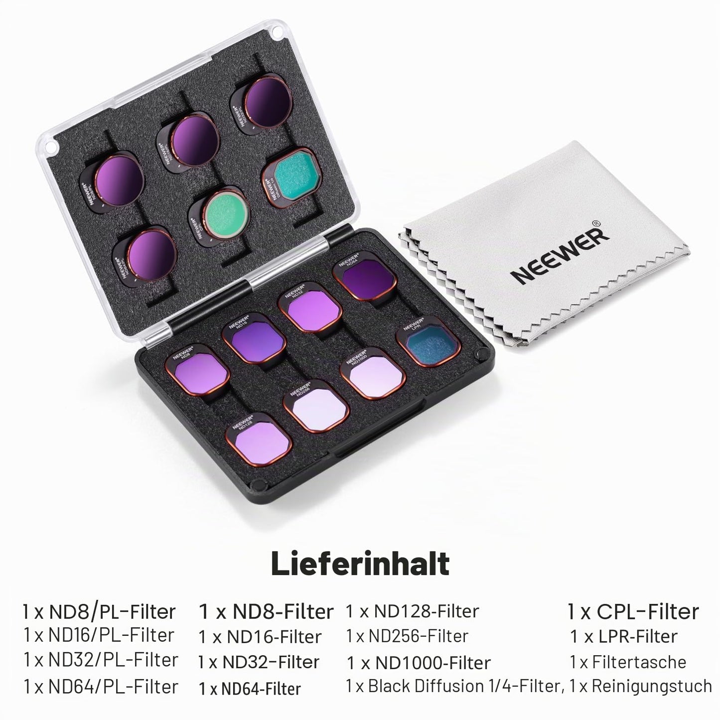 NEEWER filter set compatible with DJI Mini 4 Pro, ND8/16/32/64/128/256/1000, ND8/PL, ND16/PL, ND32/PL, ND64/PL, LPR, CPL, Black Diffusion 1/4 filter for a cinematic fog effect, FL-B05 - 10105745