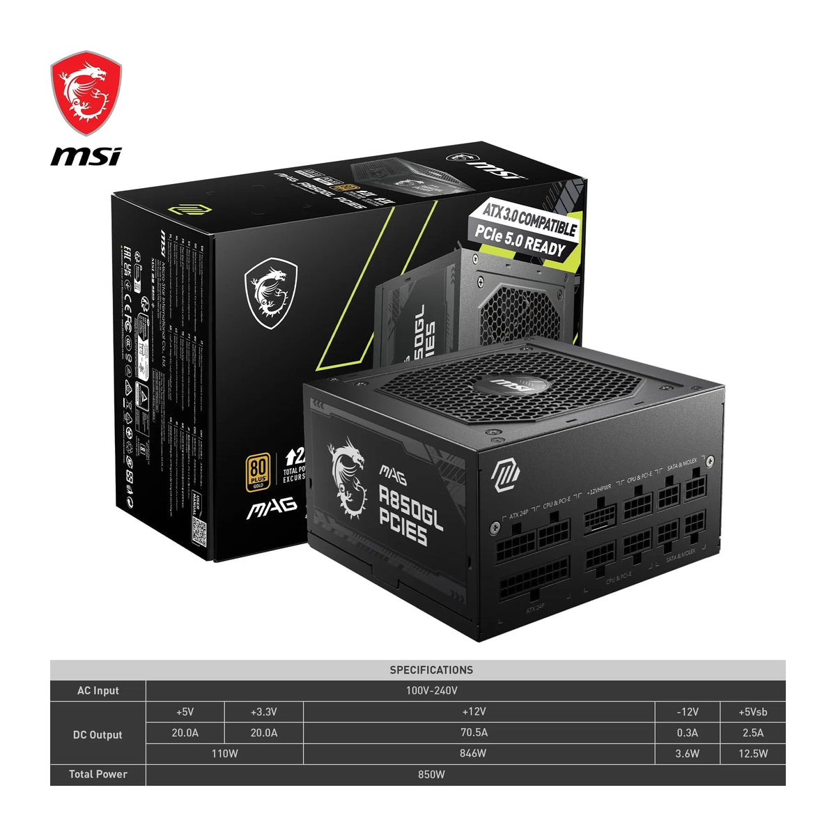 MSI MAG A850GL PCIE5 Sursă de alimentare, 850W, 80 Plus Gold, complet modulară, ATX 3.0, suportă GPU PCIe 5.0, ventilator de 120mm FDB cu rulmenți dinamici, Full-Bridge LLC, cabluri negre flack - 7 ani garanție - 306-7ZP8A11-CE0