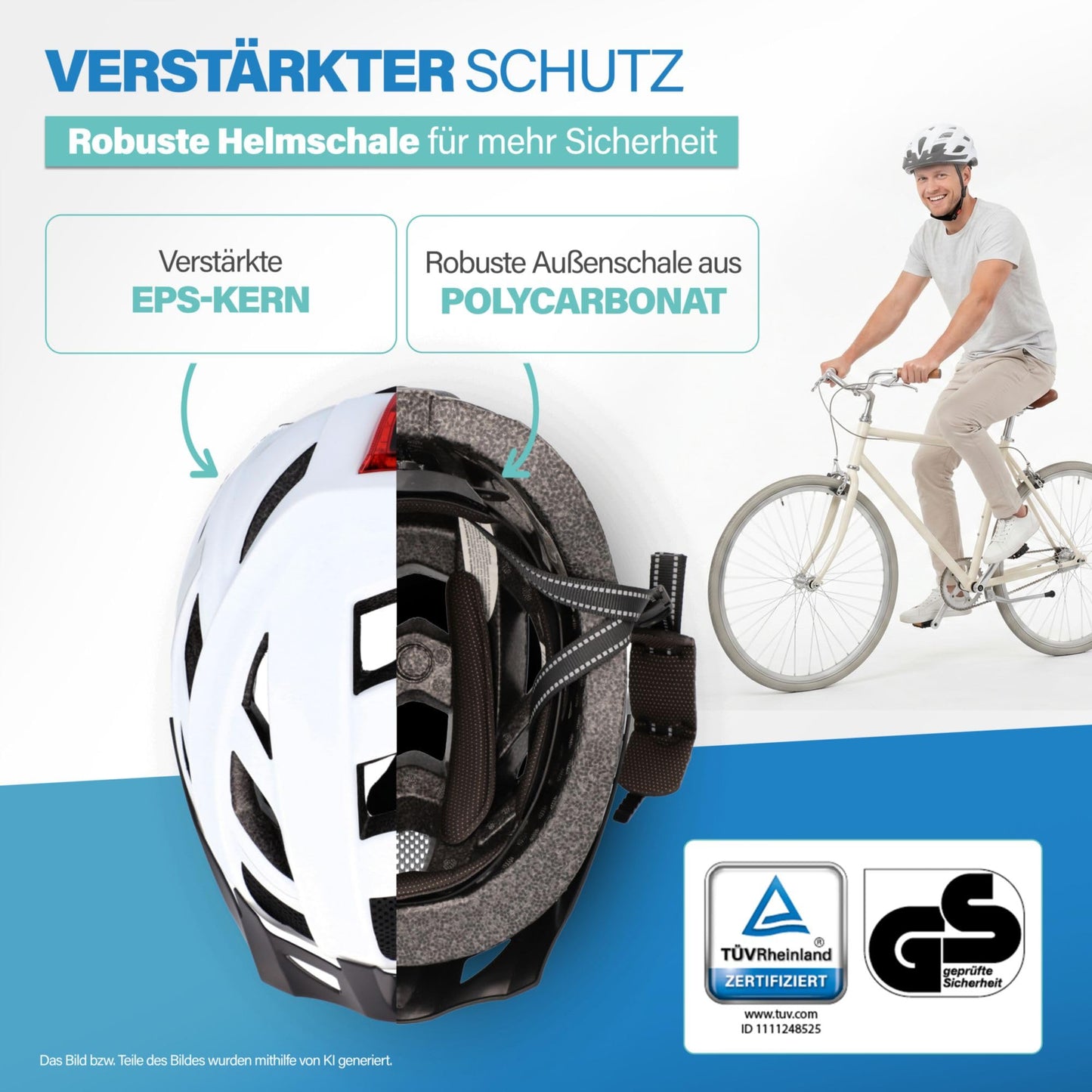 FISCHER adult bicycle helmet, cycling helmet, city helmet Urban Plus Atlanta, S/M, 52-59cm, white, with integrated LED rear light - 50630