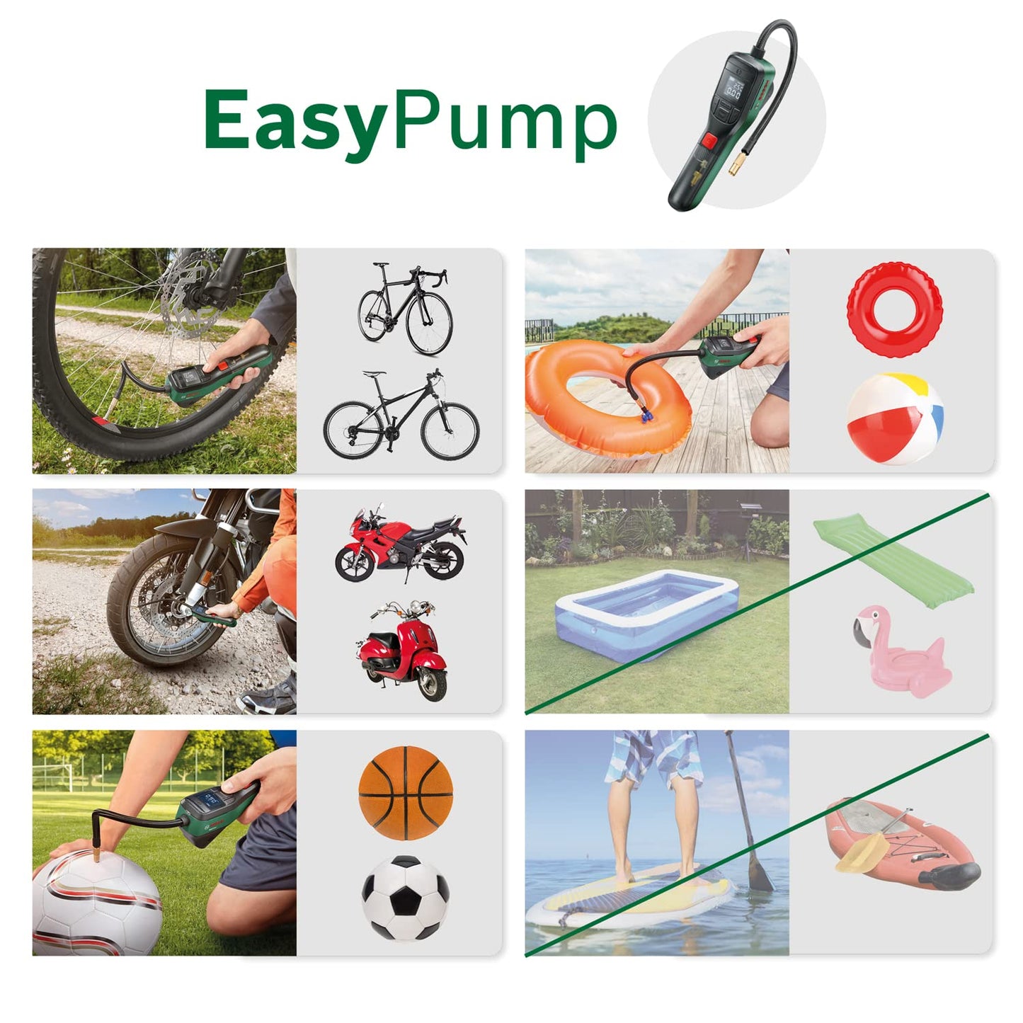 Bosch electric bicycle pump/air pump/mini compressor EasyPump (3.0 Ah battery; 3.6 volts; autostop function; 150 PSI; 10.3 bar; LED; USB-C®; 3x adapter; quick connection plug; bicycle bag) - 0603947002