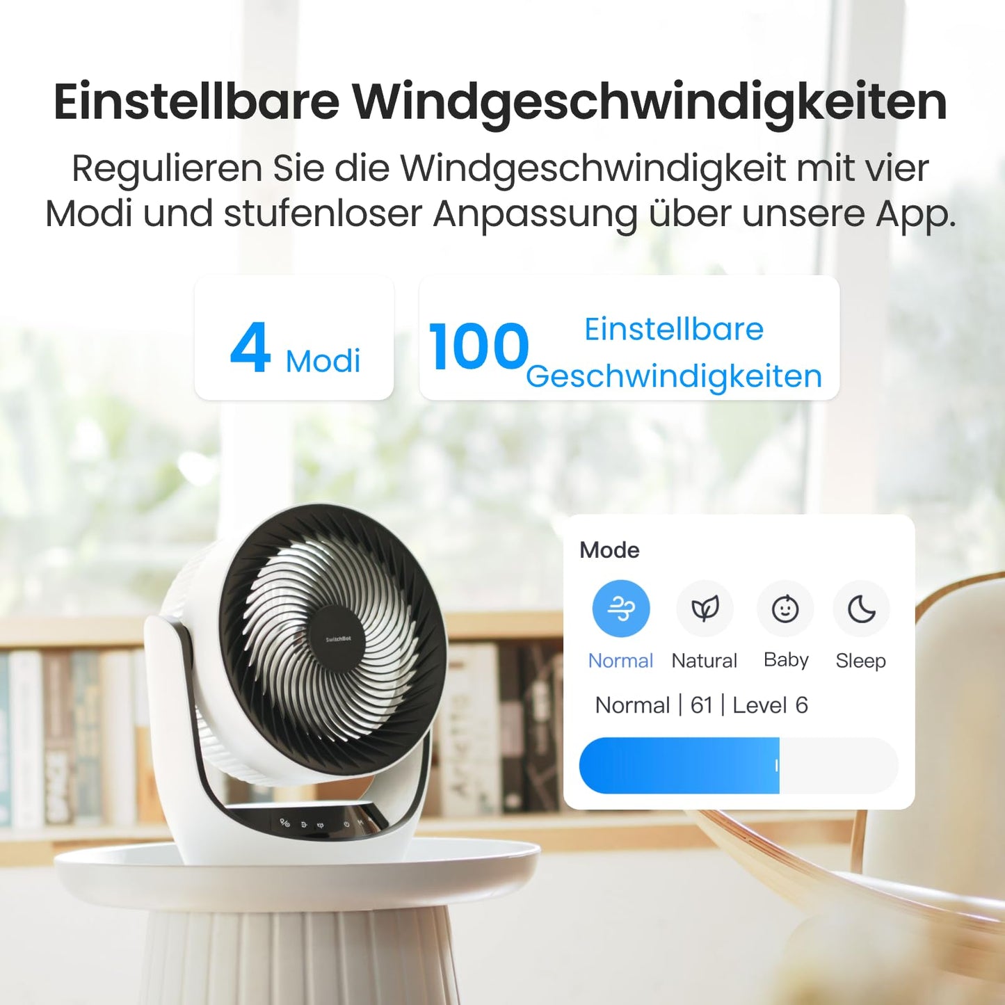 SwitchBot USB Table Fan, Powerful 24dB Quiet Battery Circulation Fan, Compatible with Alexa/Google/Siri (Hub Required), 4 Modes, 9 Hour Timer, Energy Efficient Circulation Fan - W3800510