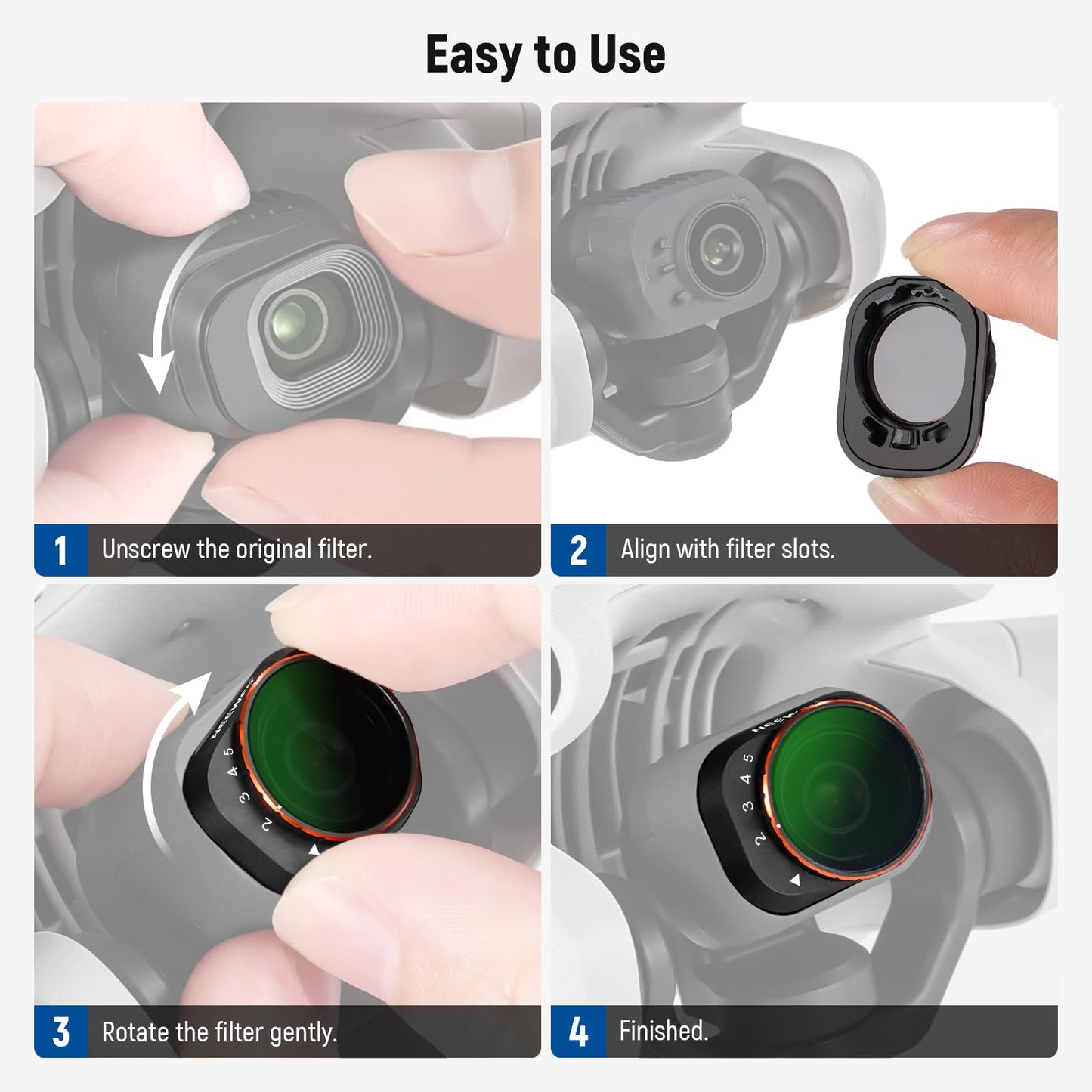 NEEWER Variable ND filter set, compatible with DJI Mini 4 Pro, ND2-32 (1-5 Stop) + ND64-512 (6-9 Stop), gray filter, multi-coated HD optical glass, drone camera lens accessories, aerial photography - FL-C10
