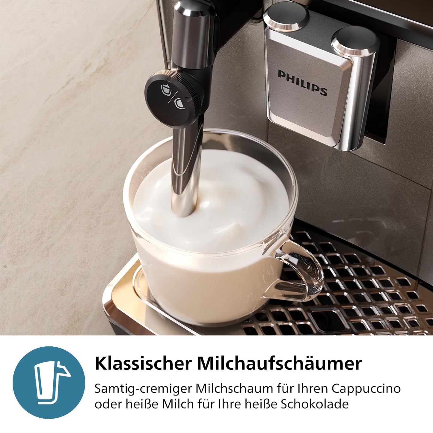 PHILIPS 3300 Series fully automatic coffee machine - 5 drinks, intuitive touch display, classic milk frother, SilentBrew, 100% ceramic grinder, AquaClean filter. Black chrome (EP3326/90)