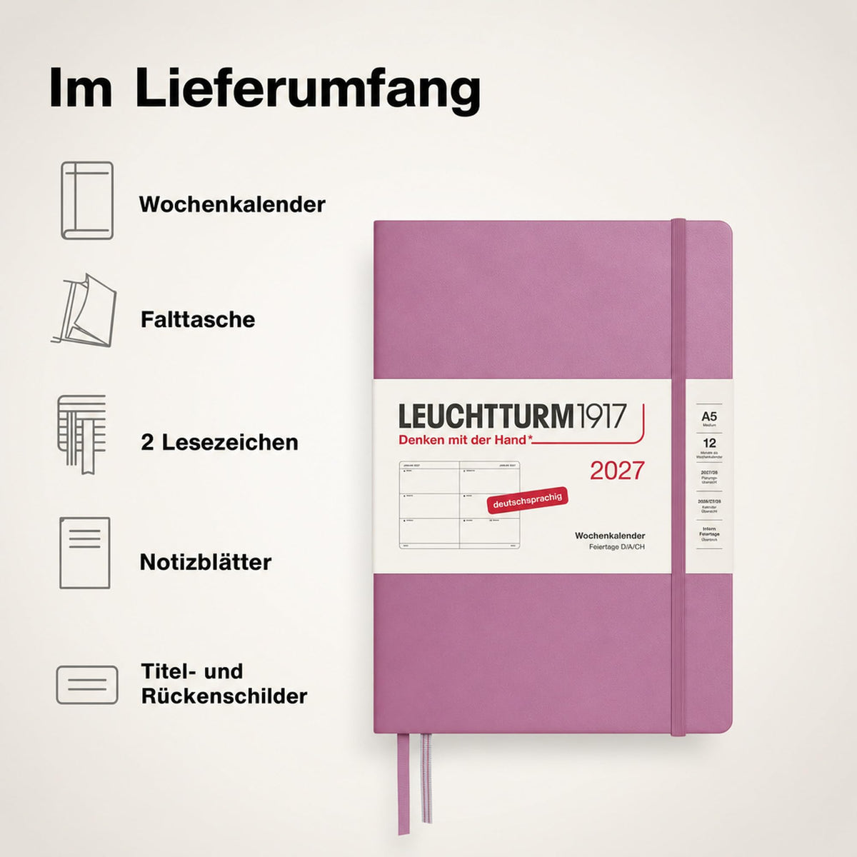 LEUCHTTURM1917 Calendar săptămânal 2027 Mediu (A5) - Germană, Dusty Rose, Hardcover, 145 x 210 mm, 12 luni - ianuarie-decembrie 2027, 1 săptămână pe pagină dublă, hârtie de 80 g/m² cu compatibilitate ridicată cu cerneală - 400102