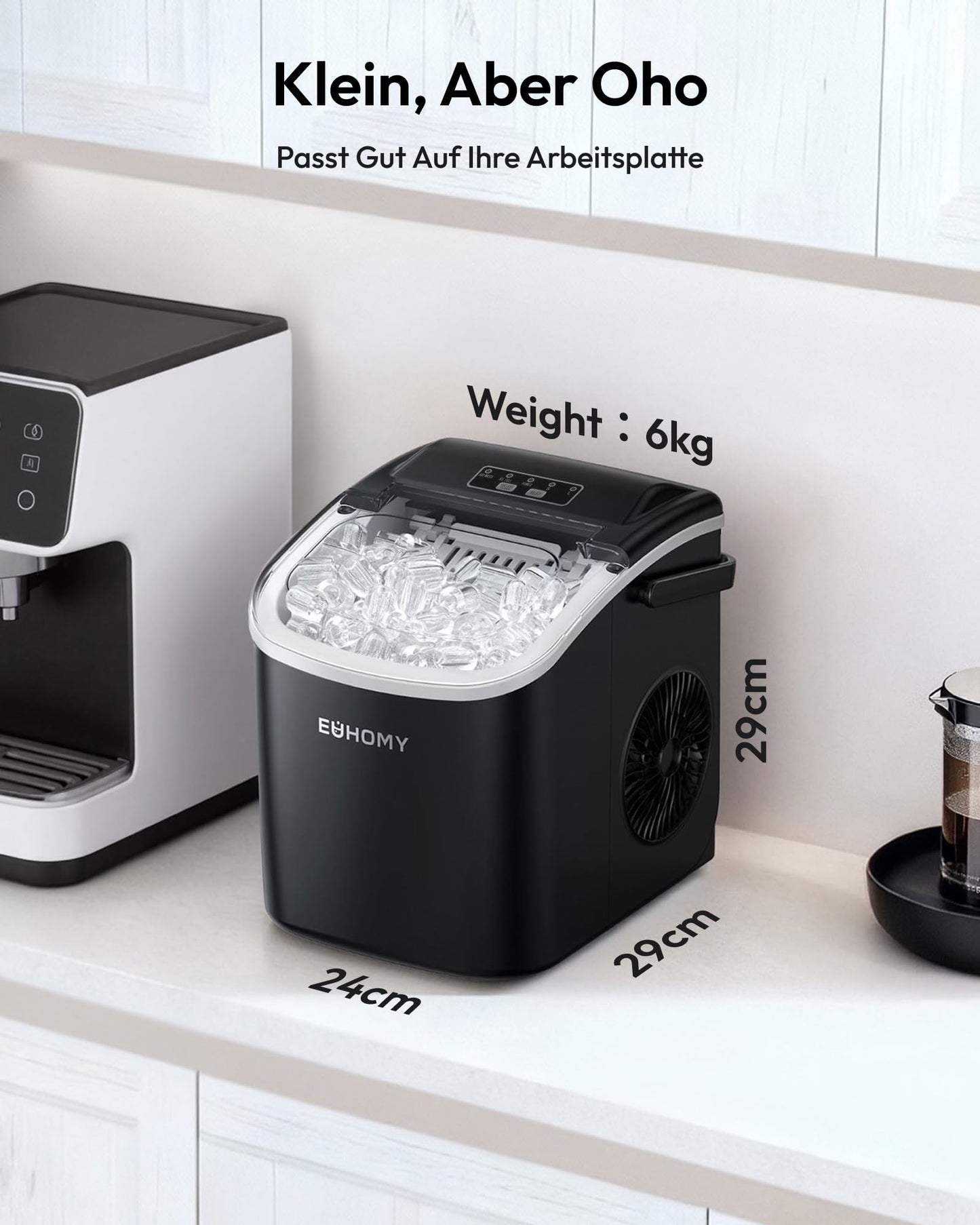 EUHOMY Small Ice Cube Machine, 12KG Ice Cube Maker, 9 Cubes Ready in 6 Minutes, Black Ice Cube Machine with Portable Handle, 12KG/24H, Self-Cleaning Ice Cube Machine - DE-IM06D-02-AZ-HM