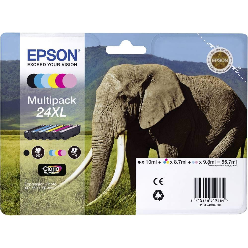 Cartușe de cerneală genuine Epson 24XL Elephant High Yield Multipack, cu 6 culori Claria Photo HD, Negru/galben/magenta/cyan, capacitate mare XL - C13T24384011