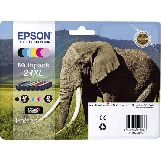 Epson 24XL Elephant High Yield Genuine Multipack, 6-colours Claria Photo HD Ink Cartridges, Black/Yellow/Magenta/Cyan, XL High Capacity - C13T24384011