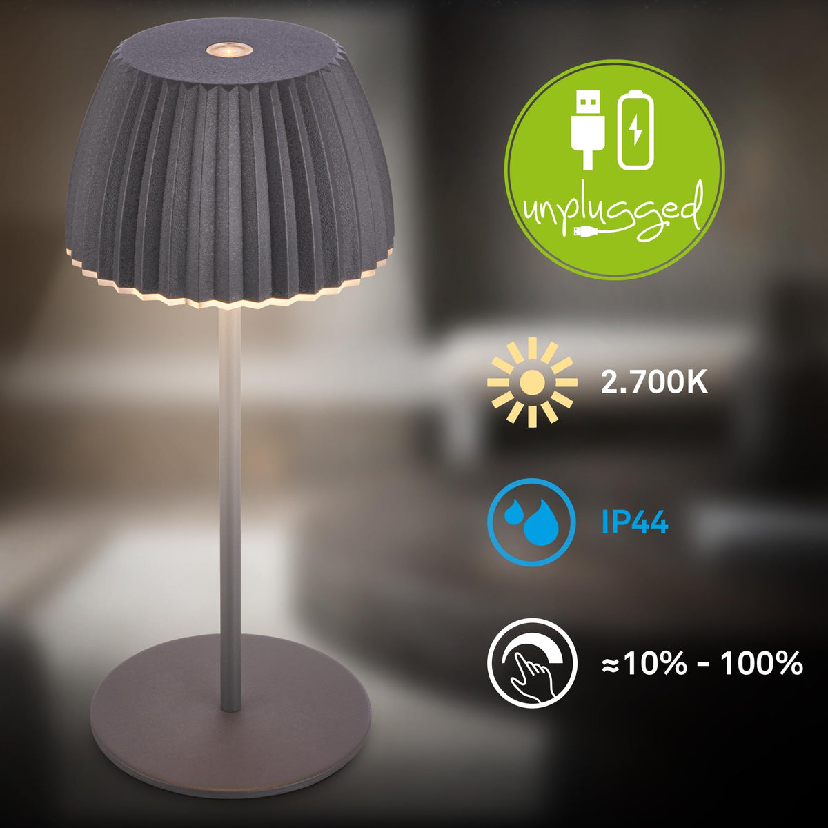 BRILONER - 2-piece set of Riffle Mini LED table lamps, wireless, IP44 with light edge, 8.5x20 cm, touch dimmer, rechargeable battery, bedside lamp, battery lamp, German Design Award Winner 2025, anthracite. - 7685025