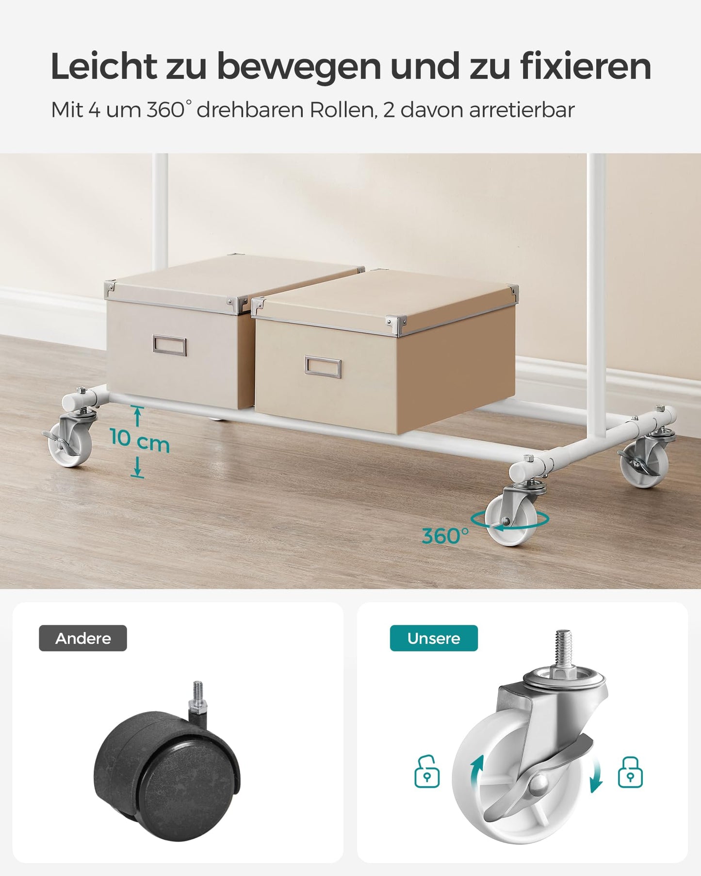 SONGMICS clothes rack on wheels, heavy-duty coat rack, extendable clothes rail, loads up to 100 kg, easy assembly, transportable, white HSR013W01