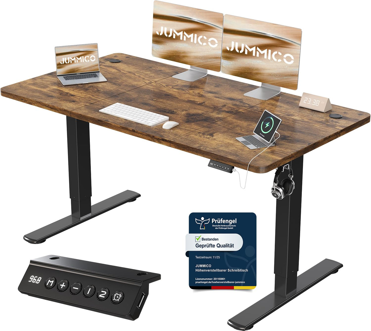 JUMMICO Birou reglabil pe înălțime cu port de încărcare USB, birou electric reglabil pe înălțime 140 x 60 cm, masă stand-sit, birou standing, masă computer reglabilă, birou standing, maro - 0403