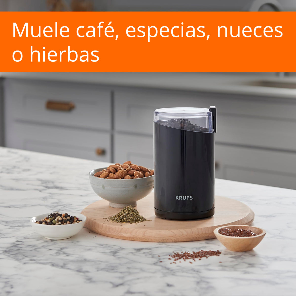 Krups F20342 Coffee and Spice Grinder in One, Powerful Motor, Adjustable Grind Size, 75g Capacity, Stainless Steel Blade, Safety Lid, Anti-Slip Feet, Black