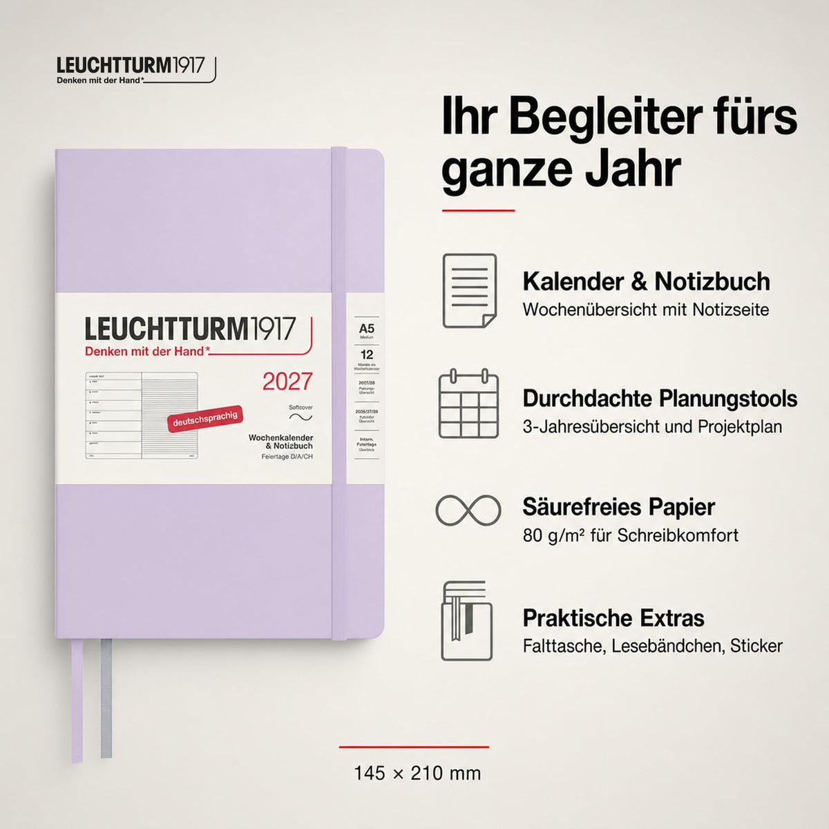LEUCHTTURM1917 Calendar săptămânal 2027 mediu (A5) cu carnet - Jurnal german, liliac, copertă moale, ianuarie-decembrie 2027, prezentare generală săptămânală în stânga + pagină cu note în dreapta - 400065