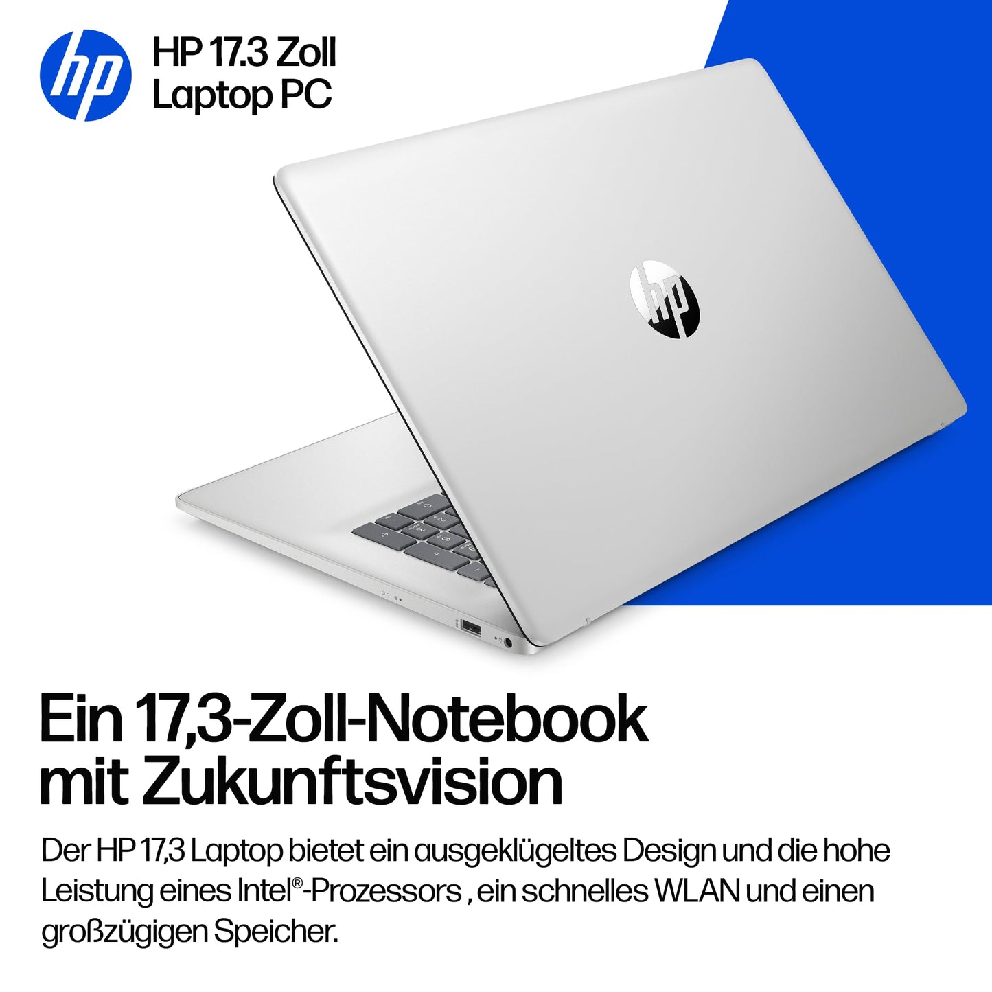 HP laptop with 17.3" FHD display, Intel Core i7-1355U, 16 GB DDR4 RAM, 1 TB SSD, Intel Iris graphics, Windows 11, QWERTZ, silver incl. 25 GB Dropbox storage for 12 months - BZ8R5EA#ABD