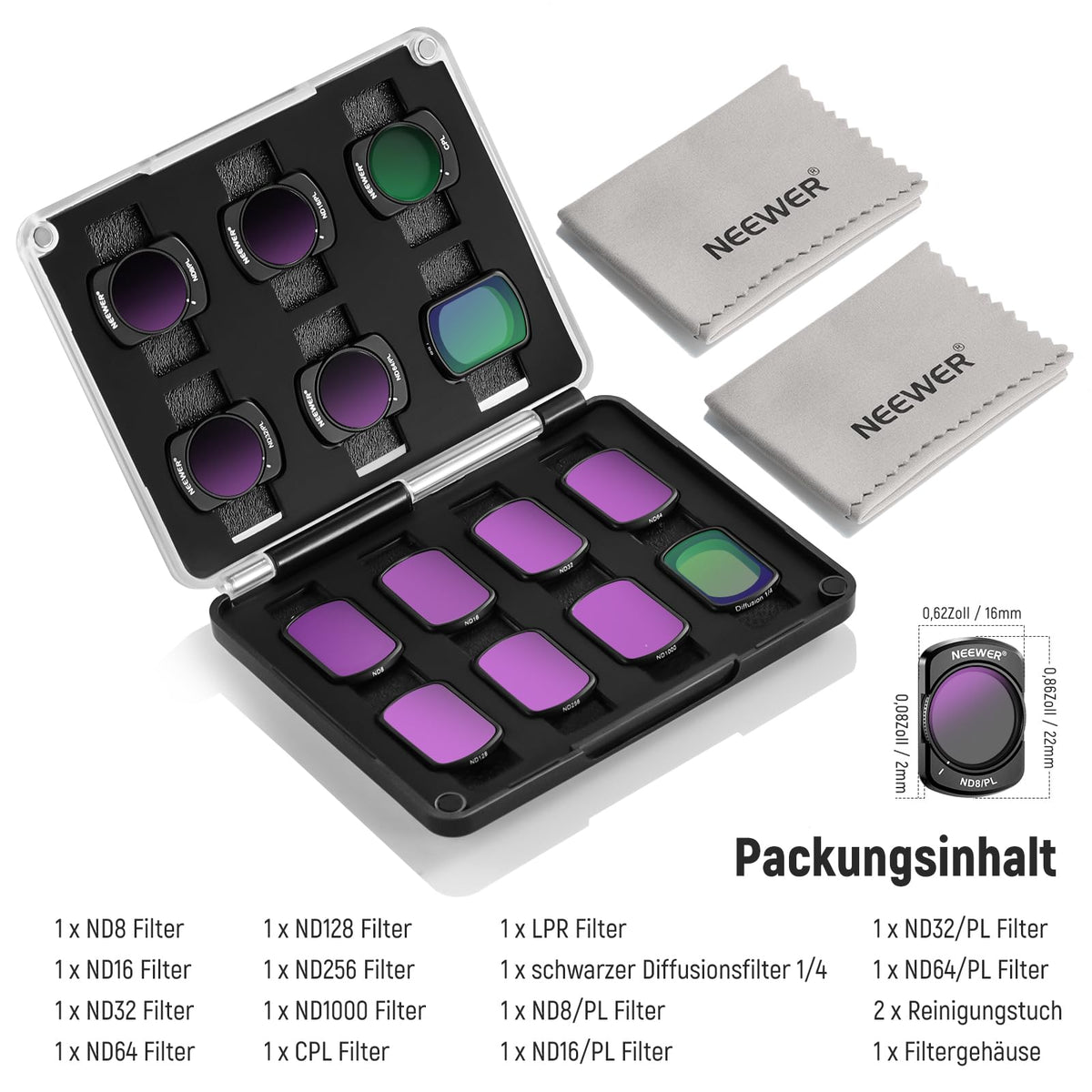 NEEWER 14 Pack set de filtre ND magnetice, compatibil cu DJI Osmo Pocket 3 & 4 / Xtra Muse, CPL, ND8/16/32/64/128/256/1000, ND8/PL, ND16/PL, ND32/PL, ND64/PL, Black Diffusion 1/4, filtru de efect LPR - FL-N58