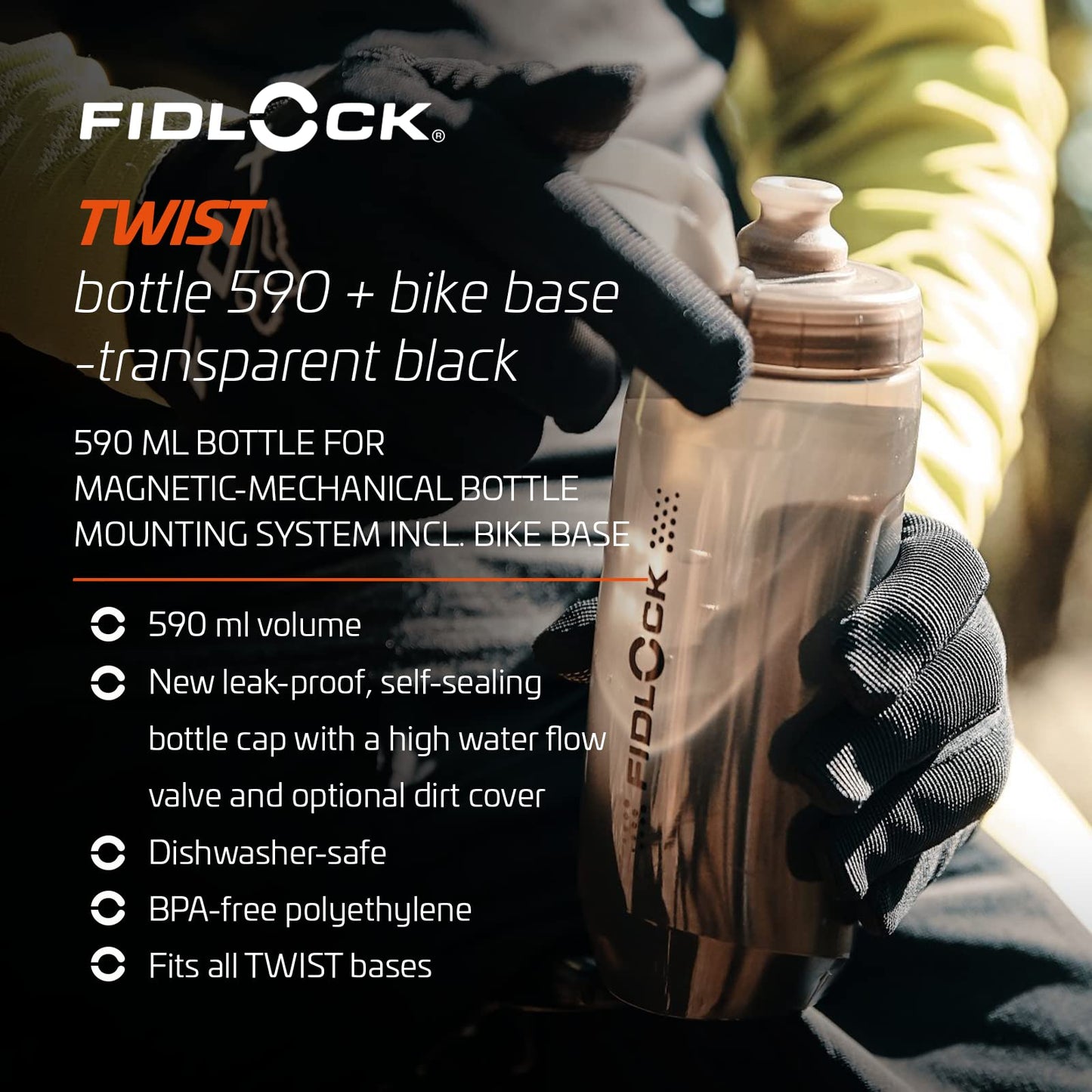 Fidlock TWIST bottle 590 + bike base – 590 ml bicycle drinking bottle with magnetic-mechanical bottle holder system, including holder, BPA-free & dishwasher safe, smoke color - 09636TBL