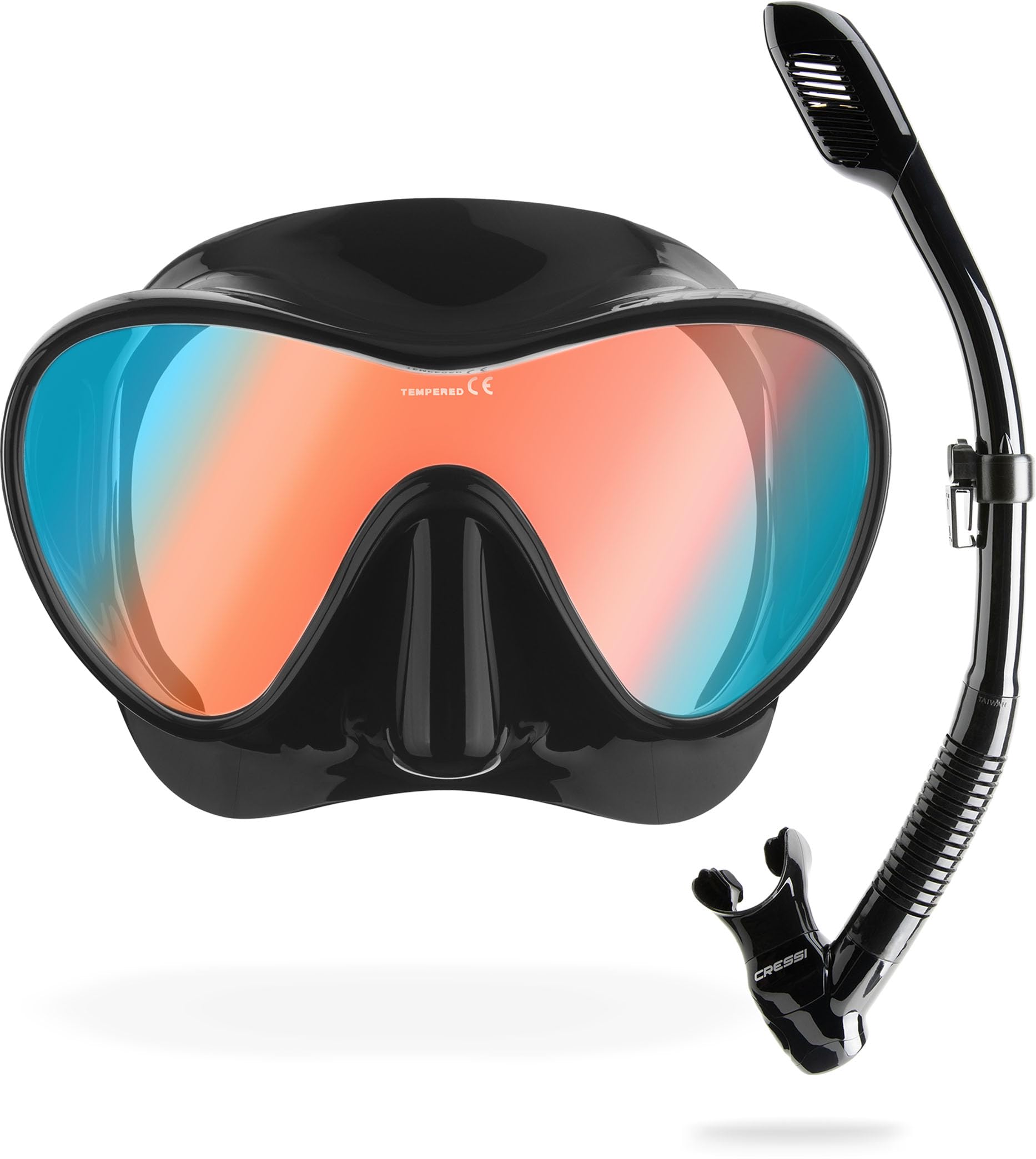 Cressi Frameless Diving Mask F1 - Fog-free Glass Lens, Diving Goggles - Ergonomic Silicone Rim, Snorkel Mask - Dry Snorkel & Snorkel Set - Black/Ultra Vision Blue Lenses - Combo Set - YDS282155