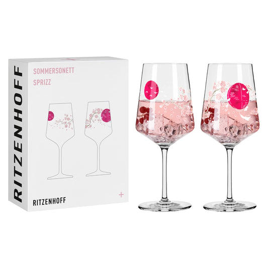 RITZENHOFF 3461007 Aperitif Glass Sprizz Set of 2 500 ml - Sommersonett Series No. 13 + 14 with Asia Motif Pink - Made in Germany