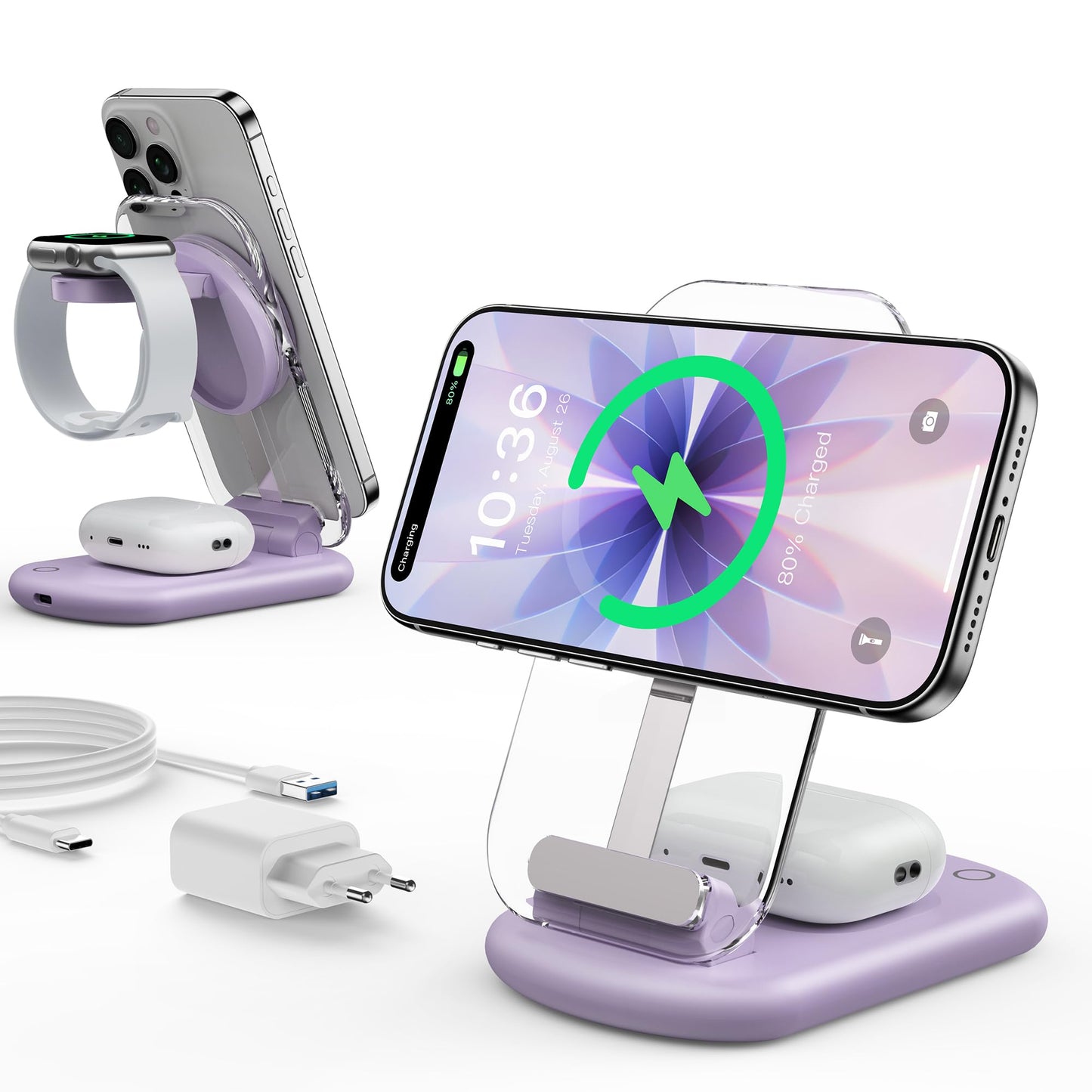 Mag Safe charger, charging station Apple Watch and iPhone, 3 in 1 charging station compatible with iPhone 17e 17 16 15 14 13 12 Pro Max/Air/Plus/Pro, for Apple Watch 10/9, Airpods 3/2/Pro, purple - T618-F