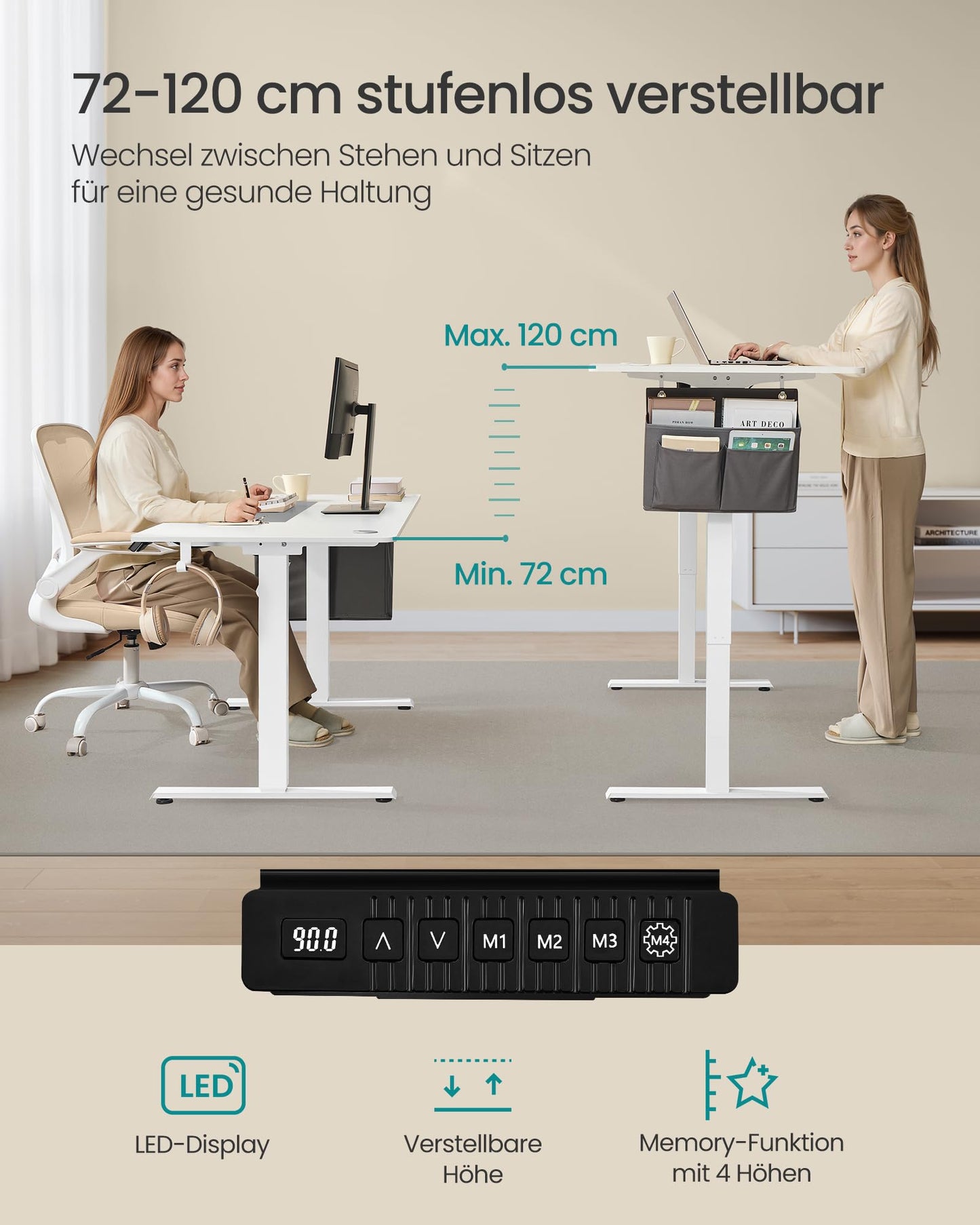 SONGMICS Electric height-adjustable desk, 140 x 60 cm, continuously adjustable, memory function with 4 heights, cloud white-dove gray LSD016W02