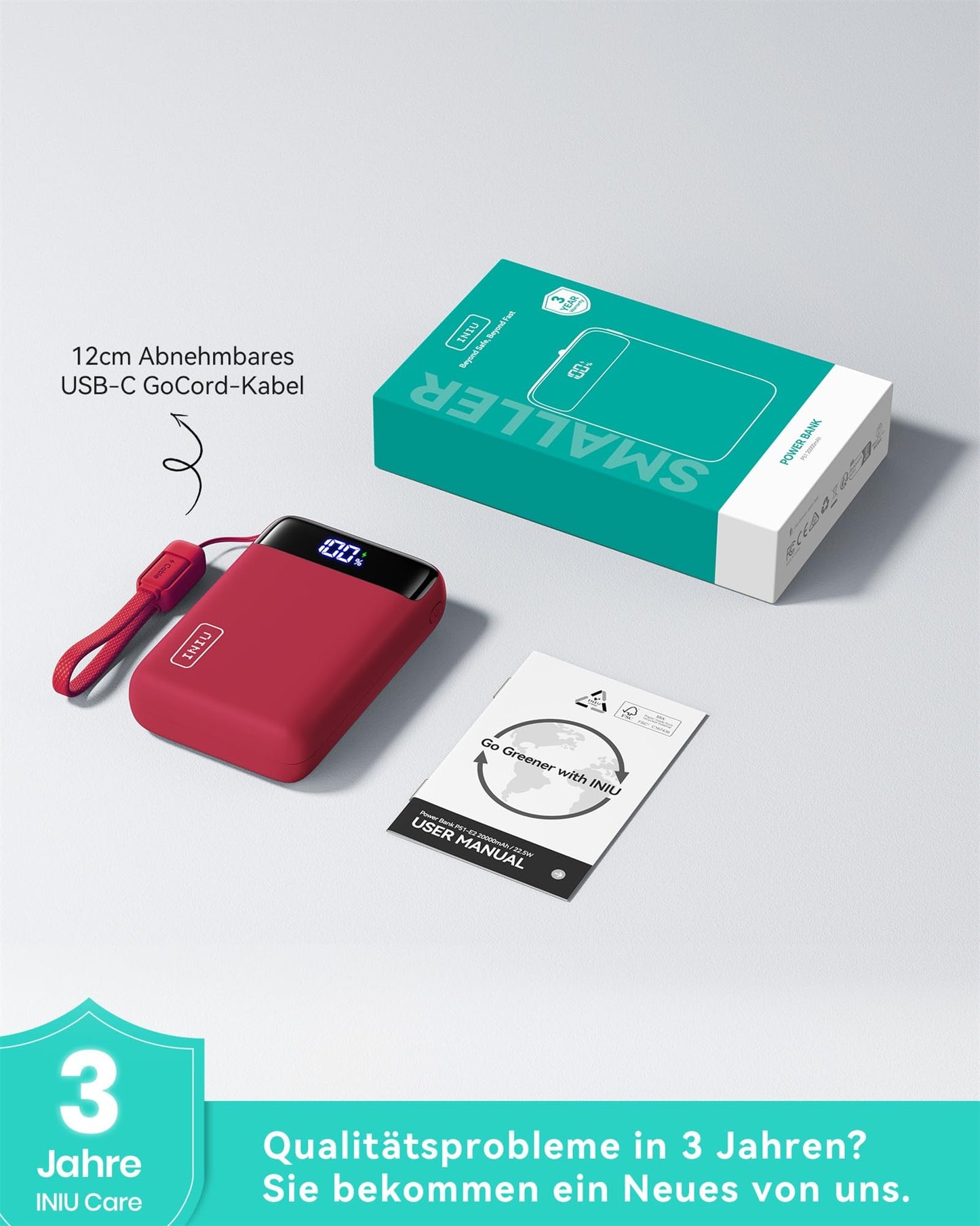 INIU Ultra Small 20000mAh Power Bank, 22.5W Quick Charge PowerBank with Removable USB C Cable, Suitable for Flight & Travel Essential, External Mobile Phone Batteries for iPhone 17 16, Commuting, Daily Use, Red - P51