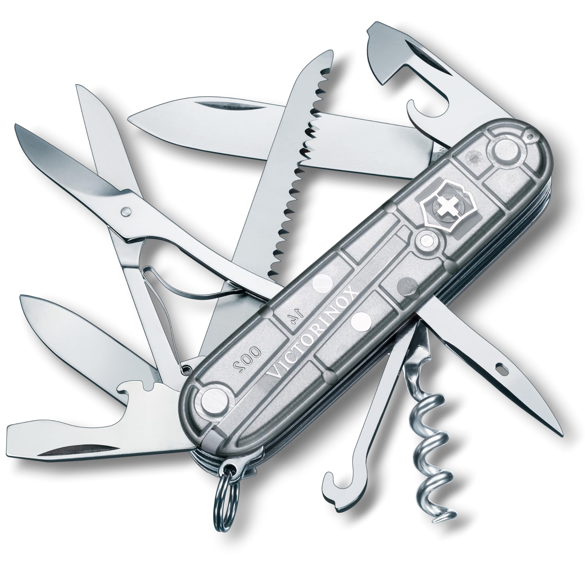 Victorinox Swiss pocket knife Huntsman, multitool, Swiss Army knife with 15 functions, blade, corkscrew, can opener, folding box, silver transparent - 1.3713.T7
