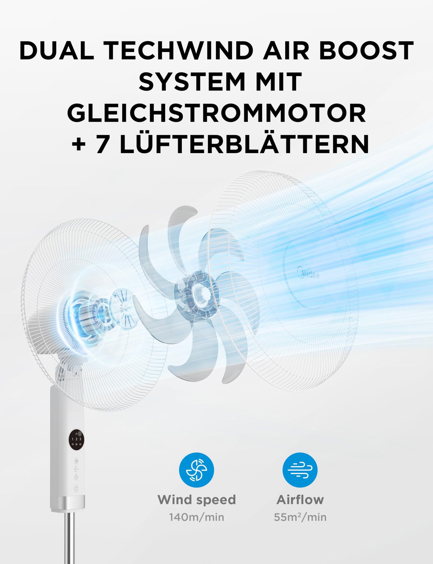 Midea FS40-23MR 3 speed pedestal fan, telescopic height and size, remote control, dual acceleration system, 90 degree swing left and right - MFS400R0APW