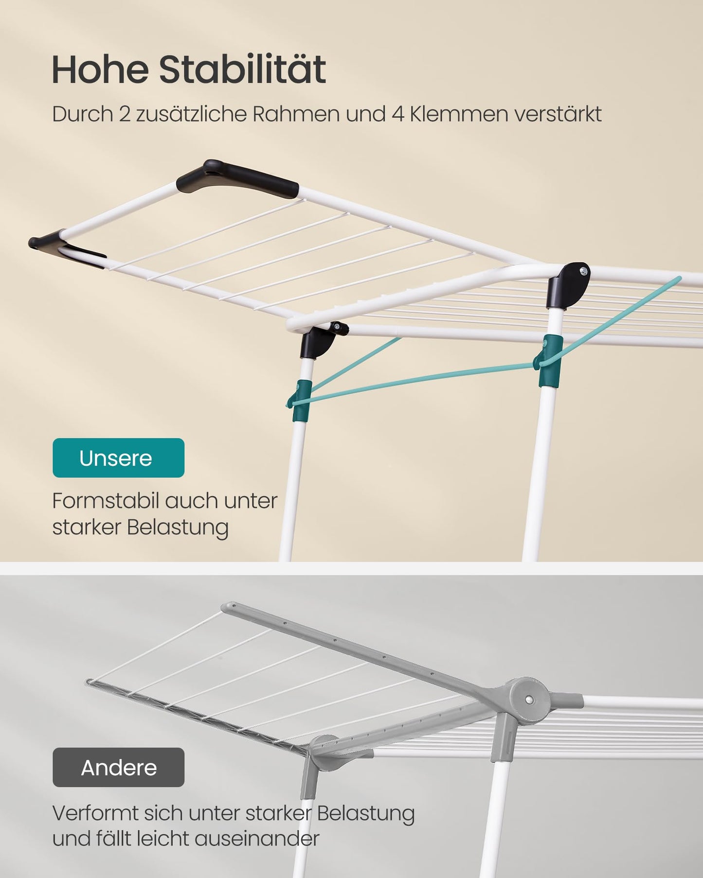 SONGMICS Wäscheständer, Standtrockner 52,5 x 173 x 96,5 cm, Flügelwäscheständer, Flügelwäschetrockner platzsparend, mit Sockenhalter, Metall, für Kleidung, Handtücher, Wäsche, weiß LLR518W01