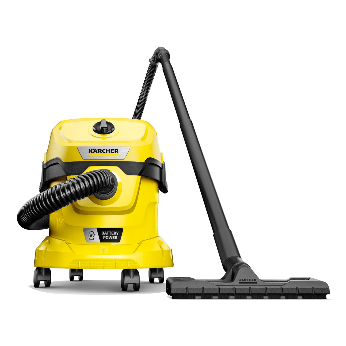 KÄRCHER Battery Wet/Dry Vacuum Cleaner WD 2-18, including filter, crevice and wet/dry suction nozzle, 225 Watts, plastic container: 12 l, suction hose: 1.8 m, without battery, without charger, Yellow - 1.628-500.0