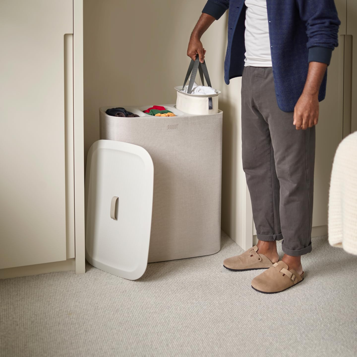 Joseph Joseph Tota - Trio 90 liter laundry basket with lid, 3 removable laundry bags with handles, ecru beige - 50021