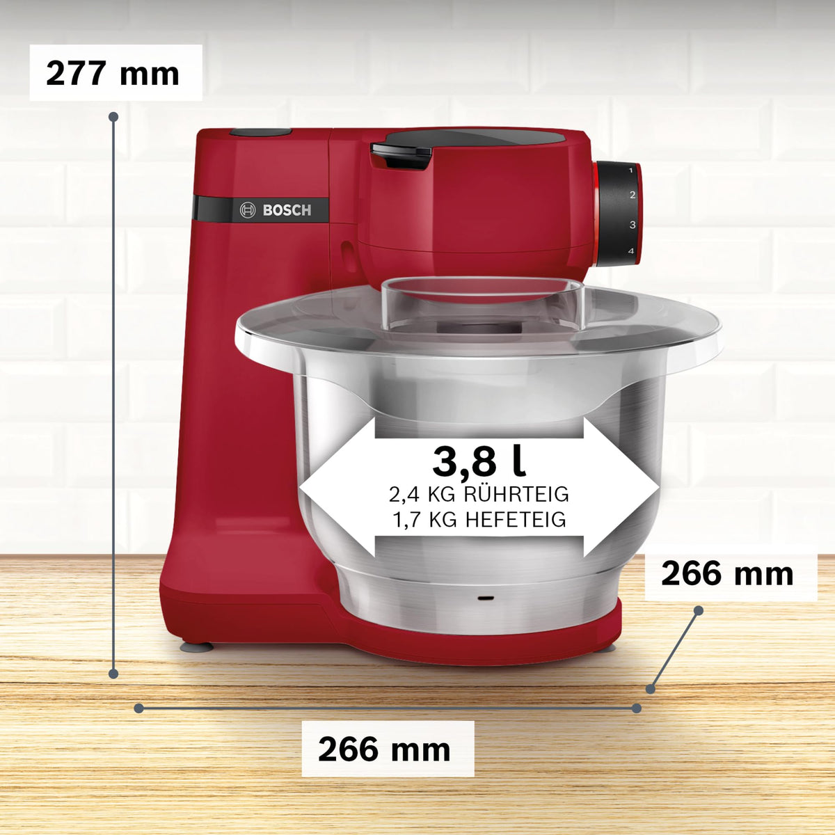 Bosch Kitchen Machine Series 2, compact kitchen machine, stainless steel bowl 3.8 L, kneading hook, stainless steel whisk and mixing beater, continuous slicer, 3 discs, 700 W, red, MUMS2ER01