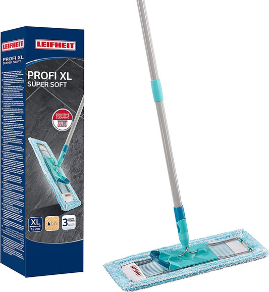 Leifheit back-friendly floor mop Profi XL super Soft, steel handle 146 cm, mop with foot click, mop cover for parquet and cork, 360° swivel joint, click system, environmentally friendly cardboard - 55457