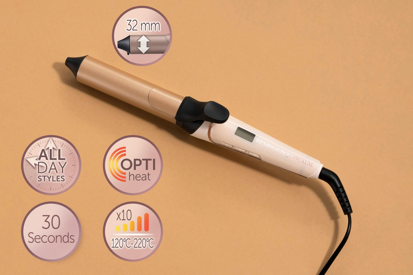Remington curling iron large curls [32mm] PROluxe Digital (OPTIheat technology, Grip-Tech ceramic coating) -LCD display up to 210°, gentle waves for fine to strong hair, black/brown, CI9132