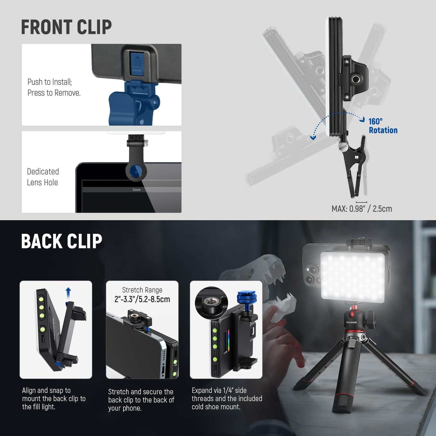 NEEWER VL67C RGB selfie lamp for iPhone, app-controlled, 94 LEDs, CRI97, 2000 mAh, portable, cold shoe mount as camera light, portable clip for front and back, for TikTok