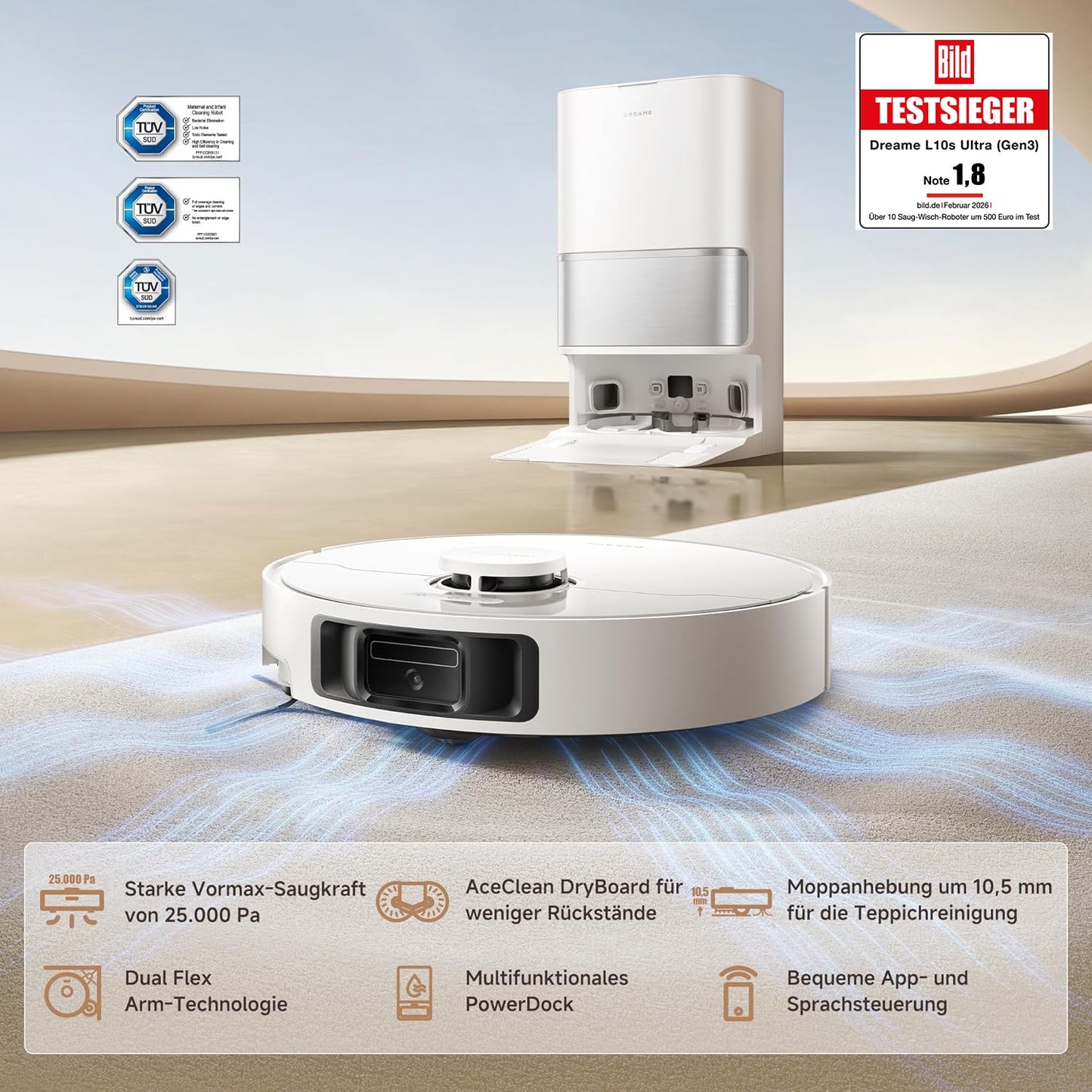 DREAME L10s Ultra Gen 3 Kit robot vacuum cleaner with mopping function with a suction power of 25,000 Pa, extendable side brush and mop, self-cleaning all-in-one docking station, control via app and voice - RLL53SE