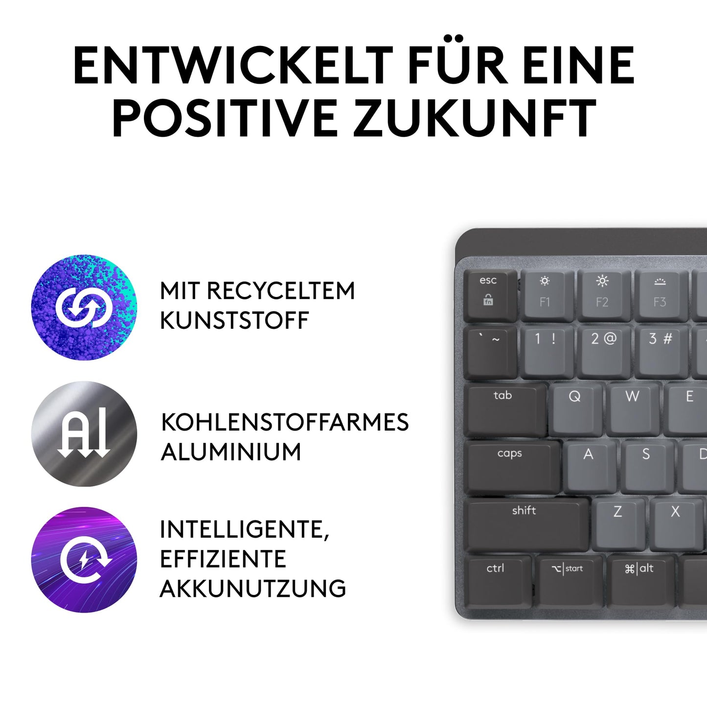 Logitech MX Mechanical Wireless Backlit Performance Keyboard, Tactile Quiet Keys, Backlit, Bluetooth, USB-C, macOS, Windows, Linux, iOS, Android, Metal, German QWERTZ - Gray - 920-010748