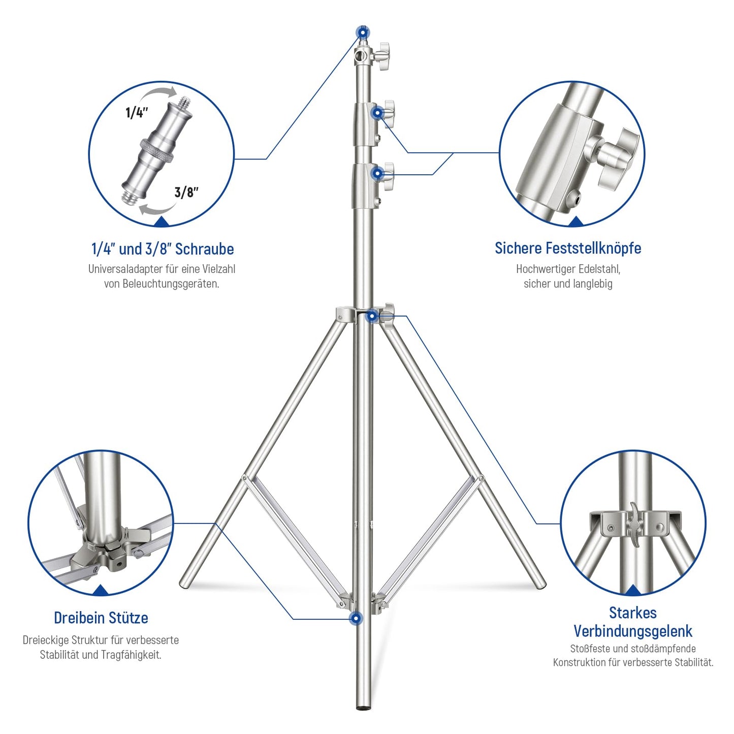 NEEWER 280cm light stand, 2 pieces stainless steel light stand, spring-damped heavy duty photography lamp tripod with 1/4" to 3/8" adapter for flash video ring light monolight softbox, max. 10kg, ST-280SS