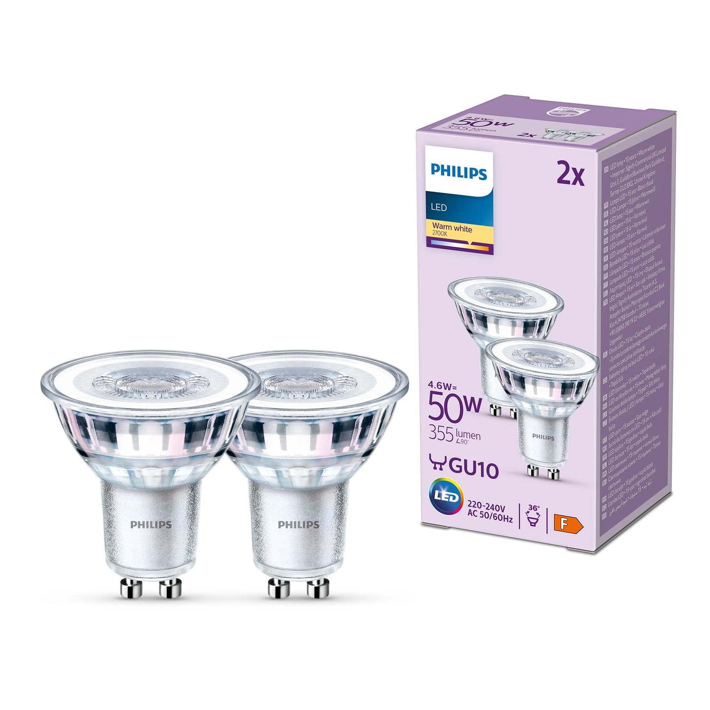 Philips LED lamp replaces 50W, GU10 reflector, warm white light (2700 K), 355 lumens, pack of 2, matt - 929001215292