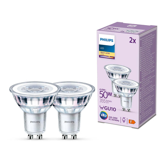 Philips LED lamp replaces 50W, GU10 reflector, warm white light (2700 K), 355 lumens, pack of 2, matt - 929001215292