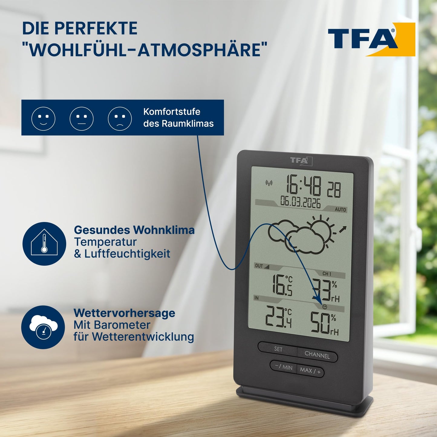 TFA Dostmann digital radio weather station with outdoor sensor, 35.1162.10, indoor and outdoor climate, with transmitter, weather forecast, including radio clock, temperature/humidity, Amazon exclusive, gray
