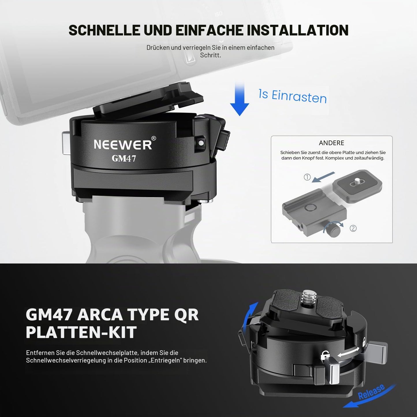 NEEWER GM47 quick release plate kit, quick release auto lock square QR plate compatible with Peak Design Capture V3 clip, Arca Type Clamp Base compatible with Arca Swiss DJI Ronin RS 4 Pro RS 3 RS 2 - 10104399