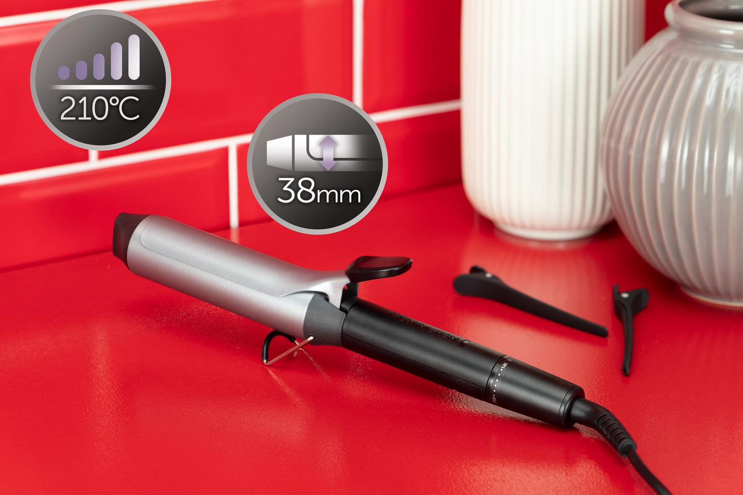 Remington curling iron large curls [38mm] Pro Big Curl (4-fold protection, anti-static ceramic tourmaline coating) digital display up to 210°C, with clamp, natural waves, black, CI5538