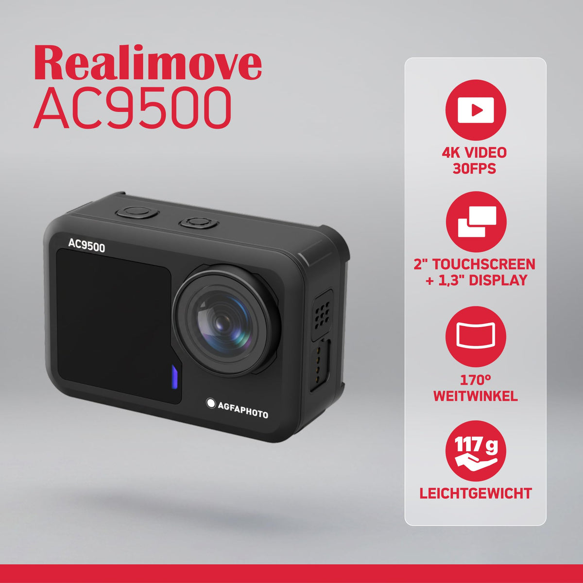 AgfaPhoto - Cameră sport - AC9500 - Real 4K 30FPS, Ecran tactil dublu, Stabilizare EIS, Rezistentă la apă până la 18m - WiFi - 12 accesorii incluse - 3760265544219