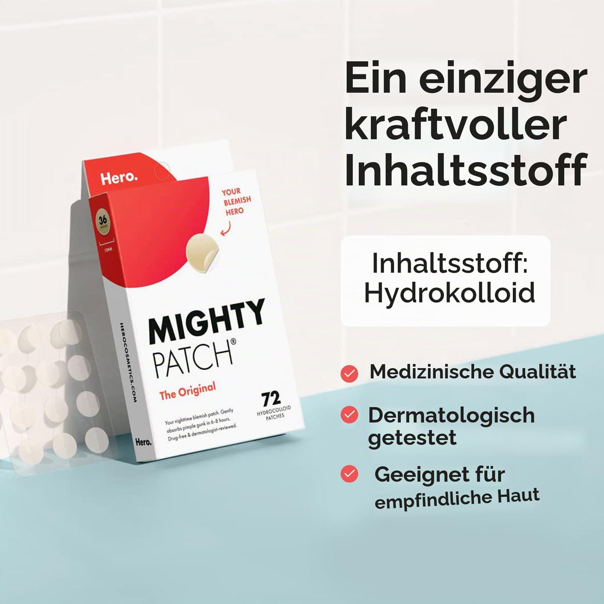 Mighty Patch Original Patches pentru coșuri de la Hero Cosmetics, plasturi mici din hidrocoloid pentru tratamentul acneei, 72 de bucăți (pachet cu 3). - 509870