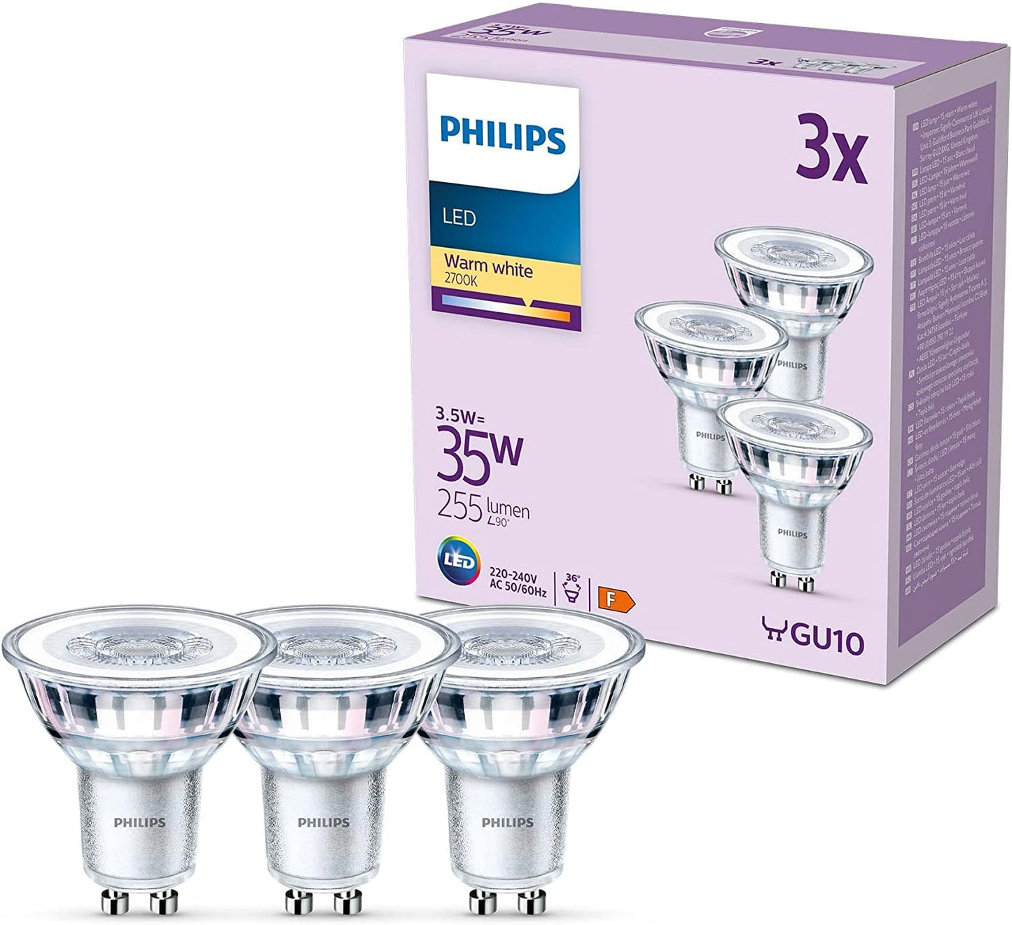 Philips LED lamp replaces 35W, GU10 reflector, warm white light (2700K), 255 lumens, pack of 3, warm white - 929001217893